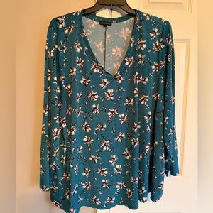 Lane Bryant Teal Floral V-Neck Blouse